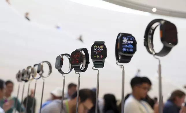 Apple Watches are displayed during an announcement of new products at Apple headquarters Monday, Sept. 9, 2024, in Cupertino, Calif. (AP Photo/Juliana Yamada)