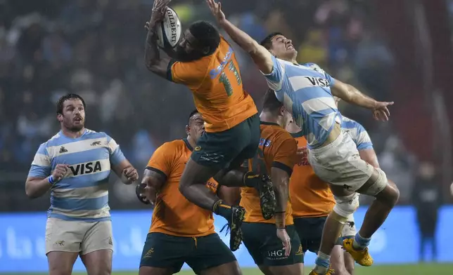 Australia's Marika Koroibete catches a ball during a rugby championship test match between Argentina and Australia in La Plata, Argentina, Saturday, Aug. 31, 2024. (AP Photo/Gustavo Garello)