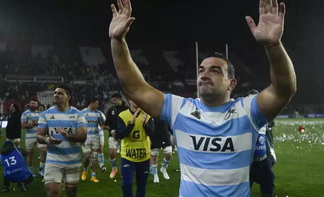 Argentina's Los Pumas Agustin Creevy waves to fans at the end of a rugby championship test match between Argentina and Australia in La Plata, Argentina, Saturday, Aug. 31, 2024. (AP Photo/Gustavo Garello)