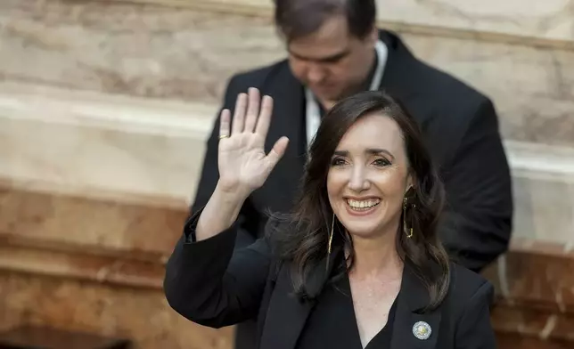 Victoria Villarruel, Argentina's vice president, arrives to President Javier Milei's presentation of the 2025 budget in Congress in Buenos Aires, Argentina, Sunday, Sept. 15, 2024. (AP Photo/Natacha Pisarenko)