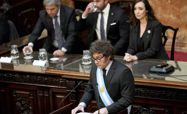 Argentina's President Javier Milei addresses Congress as he presents the 2025 budget in Buenos Aires, Argentina, Sunday, Sept. 15, 2024. (AP Photo/Natacha Pisarenko)