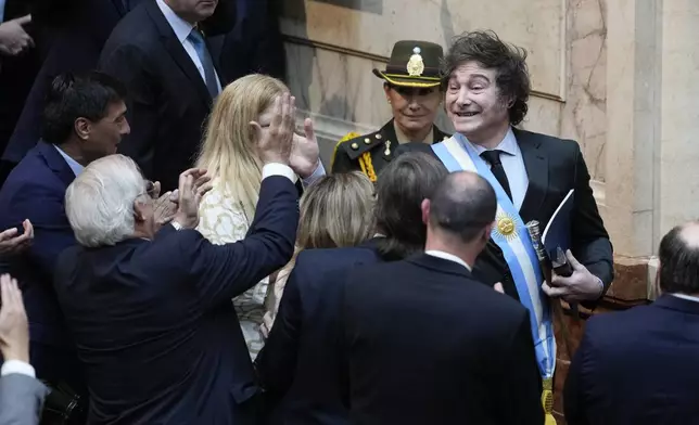 Argentina's President Javier Milei arrives at Congress to present the 2025 budget in Buenos Aires, Argentina, Sunday, Sept. 15, 2024. (AP Photo/Natacha Pisarenko)