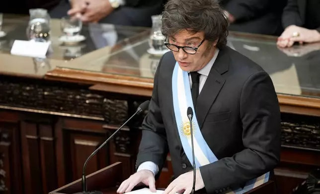 Argentina's President Javier Milei addresses Congress as he presents the 2025 budget in Buenos Aires, Argentina, Sunday, Sept. 15, 2024. (AP Photo/Natacha Pisarenko)