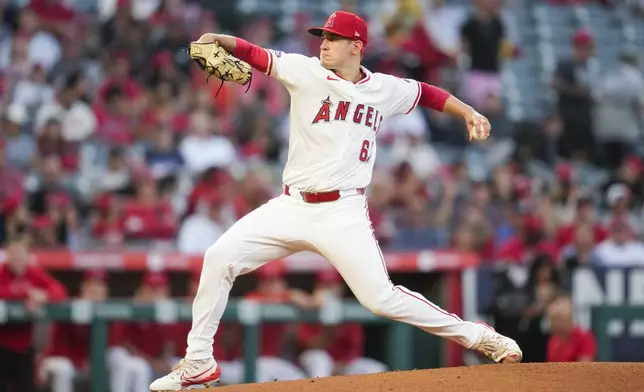 Los Angeles Angels starting pitcher Samuel Aldegheri throws during the first inning of a baseball game against the Houston Astros in Anaheim, Calif., Friday, Sept. 13, 2024. (AP Photo/Ashley Landis)