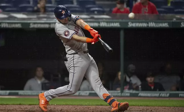 Houston Astros' Grae Kessinger hits a fly out off Cleveland Guardians relief pitcher Cade Smith during the seventh inning of a baseball game in Cleveland, Saturday, Sept. 28, 2024. (AP Photo/Phil Long)