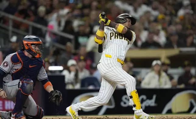 San Diego Padres' Luis Arraez strikes out during the second inning of a baseball game against the Houston Astros Monday, Sept. 16, 2024, in San Diego. (AP Photo/Gregory Bull)