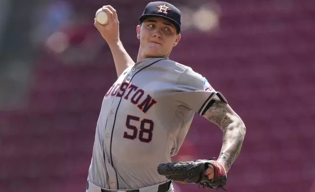 Houston Astros starting pitcher Hunter Brown throws during the first inning of a baseball game against the Cincinnati Reds, Thursday, Sept. 5, 2024, in Cincinnati. (AP Photo/Carolyn Kaster)