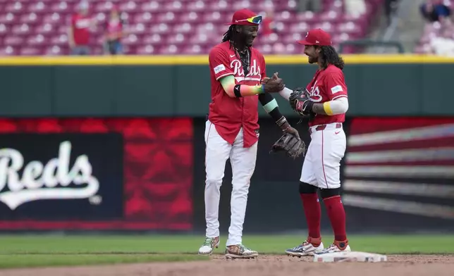 Cincinnati Reds shortstop Elly De La Cruz (44) and second baseman Jonathan India (6) celebrate after winning a baseball game against the Houston Astros, 1-0, Thursday, Sept. 5, 2024, in Cincinnati. (AP Photo/Carolyn Kaster)