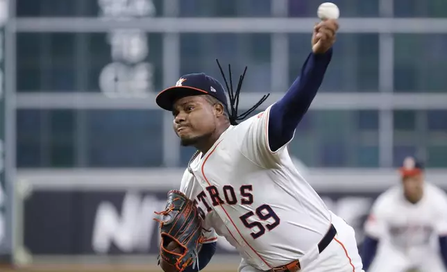 Houston Astros starting pitcher Framber Valdez throws against the Oakland Athletics during the first inning of a baseball game Thursday, Sept. 12, 2024, in Houston. (AP Photo/Michael Wyke)