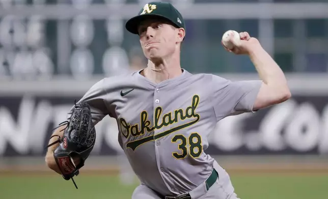 Oakland Athletics starting pitcher J.P. Sears throws against the Houston Astros during the first inning of a baseball game Tuesday, Sept. 10, 2024, in Houston. (AP Photo/Michael Wyke)