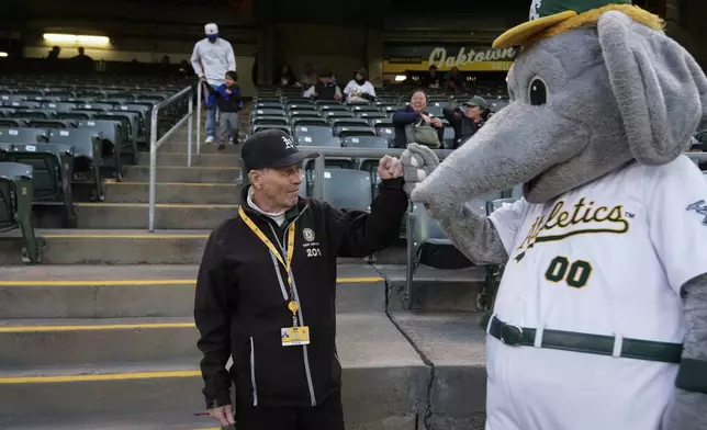 Leland Anderson, left, fist bumps Stomper during a baseball game between the Colorado Rockies and the Oakland Athletics, Wednesday, May 22, 2024, in Oakland, Calif. (AP Photo/Godofredo A. Vásquez)