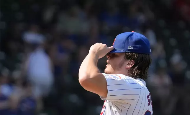 Chicago Cubs starting pitcher Justin Steele reacts after Oakland Athletics' Brent Rooker hit a single during the third inning of a baseball game in Chicago, Wednesday, Sept. 18, 2024. (AP Photo/Nam Y. Huh)