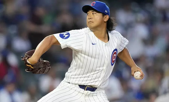 Chicago Cubs starting pitcher Shota Imanaga delivers during the first inning of a baseball game against the Oakland Athletics on Monday, Sept. 16, 2024, in Chicago. (AP Photo/Charles Rex Arbogast)