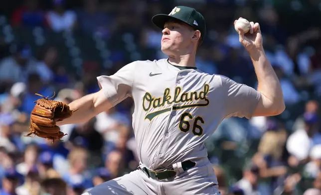 Oakland Athletics starting pitcher Brady Basso throws during the first inning of a baseball game against the Chicago Cubs in Chicago, Wednesday, Sept. 18, 2024. (AP Photo/Nam Y. Huh)