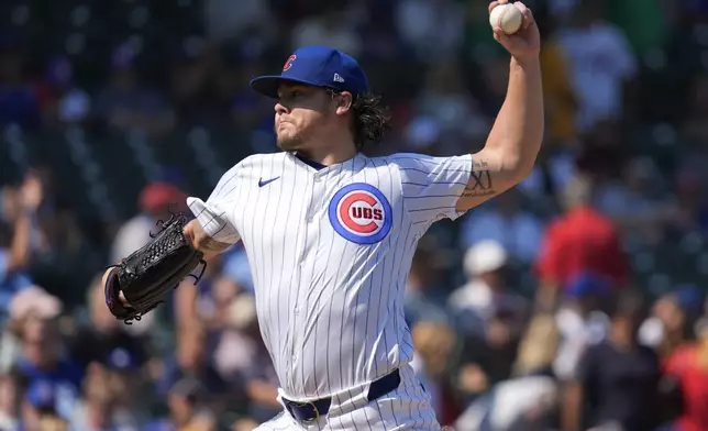 Chicago Cubs starting pitcher Justin Steele throws during the first inning of a baseball game against the Oakland Athletics in Chicago, Wednesday, Sept. 18, 2024. (AP Photo/Nam Y. Huh)