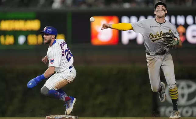 Chicago Cubs' Miles Mastrobuoni, left, is forced out at second by Oakland Athletics shortstop Jacob Wilson who throws to first in an attempted double play during the eighth inning of a baseball game ,Tuesday, Sept. 17, 2024, in Chicago. (AP Photo/Erin Hooley)