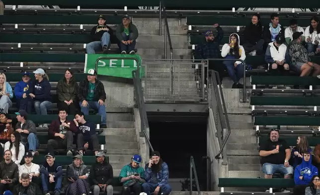 Fans sit near a "sell" flag during the eighth inning of a baseball game between the Seattle Mariners and the Oakland Athletics, Friday, Sept. 27, 2024, in Seattle. (AP Photo/Lindsey Wasson)