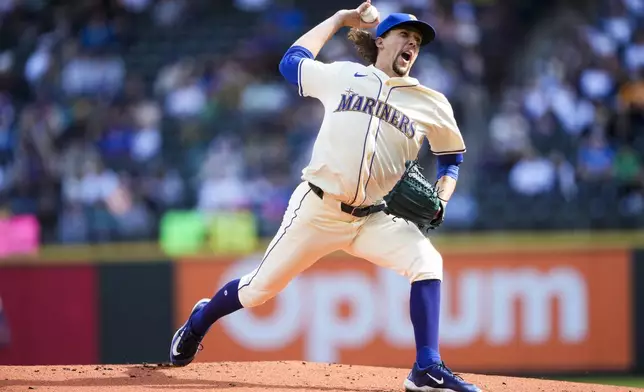 Seattle Mariners starting pitcher Logan Gilbert throws against the Oakland Athletics during the first inning of a baseball game, Sunday, Sept. 29, 2024, in Seattle. (AP Photo/Lindsey Wasson)