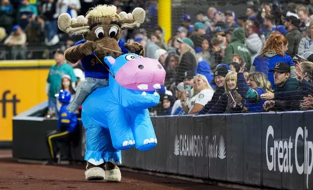 The Mariner Moose runs in a hippo costume as "Moose Deng" in between innings of a baseball game between the Seattle Mariners and the Oakland Athletics, Friday, Sept. 27, 2024, in Seattle. (AP Photo/Lindsey Wasson)