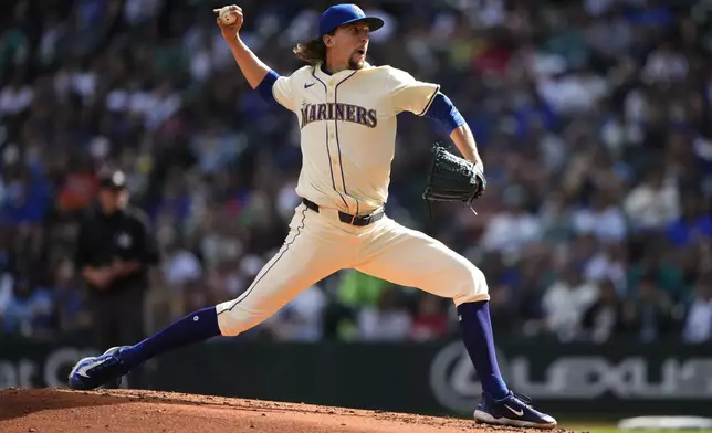 Seattle Mariners starting pitcher Logan Gilbert throws against the Oakland Athletics during the third inning of a baseball game, Sunday, Sept. 29, 2024, in Seattle. (AP Photo/Lindsey Wasson)