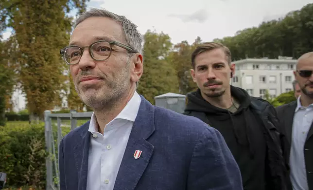 Herbert Kickl, leader of the Freedom Party of Austria leaves a polling station in Purkersdorf, Austria, Sunday, Sept. 29, 2024, after casting his vote in the country's national election. (AP Photo/Heinz-Peter Bader)