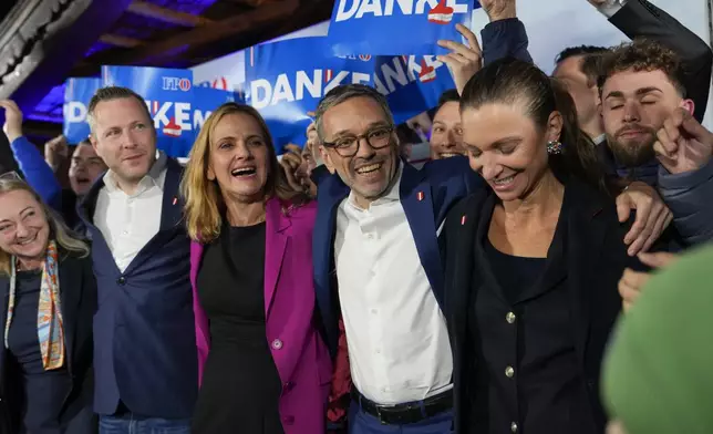 Herbert Kickl, leader of the Freedom Party of Austria celebrates with supporters, in Vienna, Austria, Sunday, Sept. 29, 2024, after polls closed in the country's national election. (AP Photo/Andreea Alexandru)