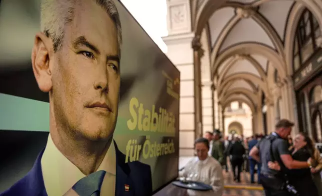 People gather next to a poster of Austrian Chancellor Karl Nehammer at the OVP, Austrian People's Party, headquarters in Vienna, Austria, Sunday, Sept. 29, 2024. (AP Photo/Andreea Alexandru)