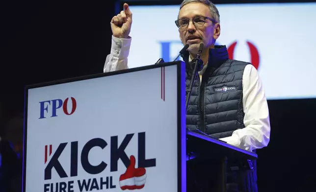 Head of the Freedom Party (FPOE) Herbert Kickl gestures during his speech at a final election campaign event at St. Stephen's square in Vienna, Austria, Friday, Sept. 27, 2024, ahead of the country's national election which will take place on Sept. 29. (AP Photo/Heinz-Peter Bader)