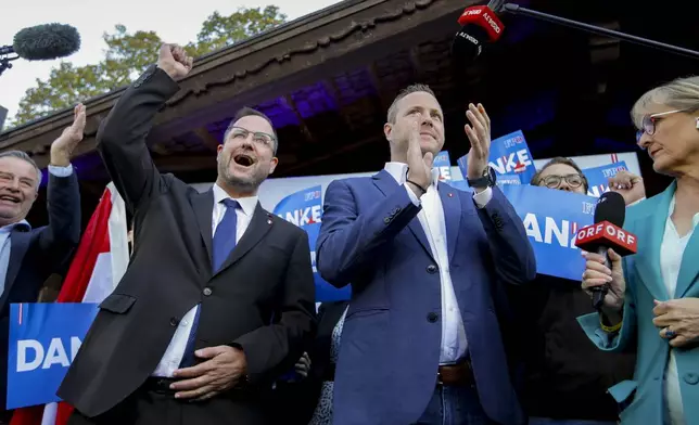 Michael Schnedlitz, right, and Christian Hafenecker of the Freedom Party of Austria cheer at the party headquarters in Vienna, Austria, Sunday, Sept. 29, 2024 upon seeing initial electoral projections. (AP Photo/Heinz-Peter Bader)