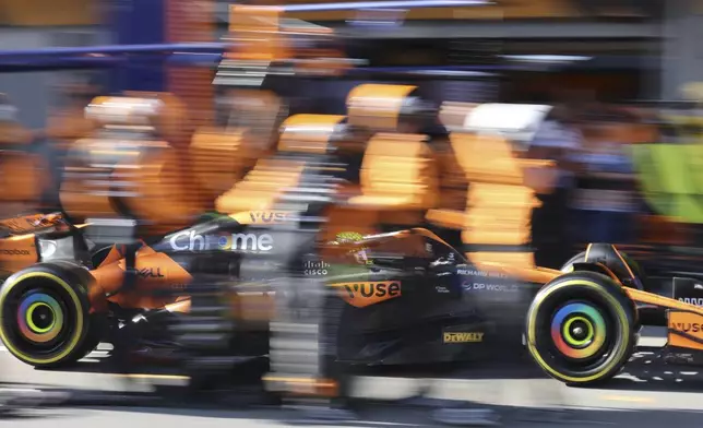 McLaren driver Lando Norris of Britain makes a pit stop during the Formula One Grand Prix in Baku, Azerbaijan, on Sunday, Sept. 15, 2024. (Ali Haideric/Pool via AP)