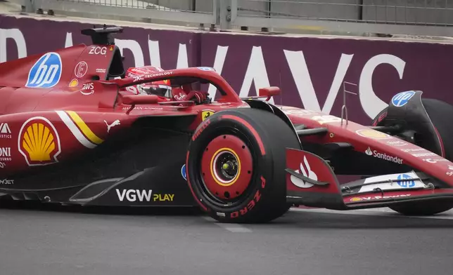 Ferrari driver Charles Leclerc of Monaco in action during a Formula One Grand Prix practice in Baku, Azerbaijan, on Saturday, Sept. 14, 2024. (AP Photo/Sergei Grits)