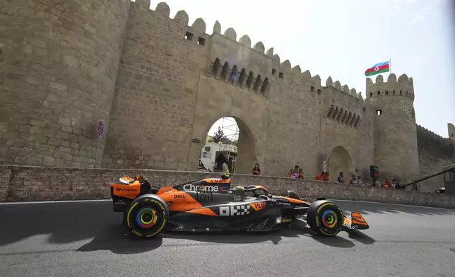 McLaren driver Lando Norris of Britain in action during a Formula One Grand Prix practice in Baku, Azerbaijan, on Friday, Sept. 13, 2024. (AP Photo/Sergei Grits)