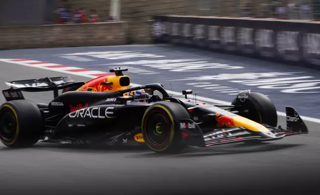 Red Bull driver Max Verstappen of the Netherlands in action during a Formula One Grand Prix practice in Baku, Azerbaijan, on Friday, Sept. 13, 2024. (AP Photo/Sergei Grits)