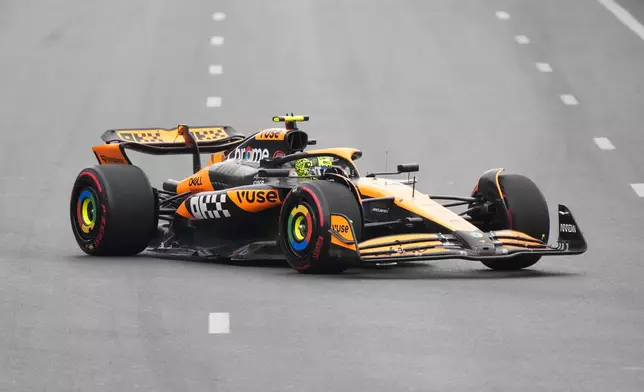 McLaren driver Lando Norris of Britain in action during a Formula One Grand Prix practice in Baku, Azerbaijan, on Saturday, Sept. 14, 2024. (AP Photo/Sergei Grits)