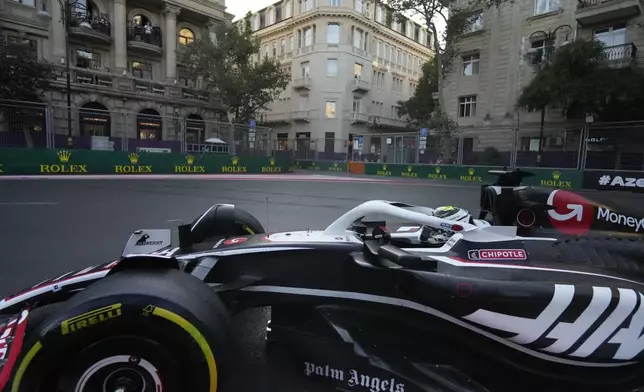 Haas driver Oliver Bearman of the United Kingdom in action during a Formula One Grand Prix practice in Baku, Azerbaijan, on Friday, Sept. 13, 2024. (AP Photo/Sergei Grits)