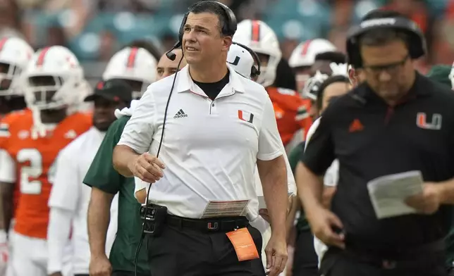 Miami head coach Mario Cristobal watches from the sideline during the first half of an NCAA football game against Ball State, Saturday, Sept. 14, 2024, in Miami Gardens, Fla. (AP Photo/Lynne Sladky)