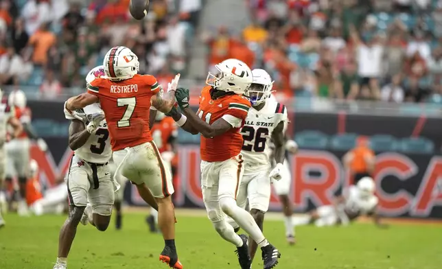 Miami wide receiver Xavier Restrepo (7) can't make the catch during the first half of an NCAA football game against Ball State, Saturday, Sept. 14, 2024, in Miami Gardens, Fla. (AP Photo/Lynne Sladky)