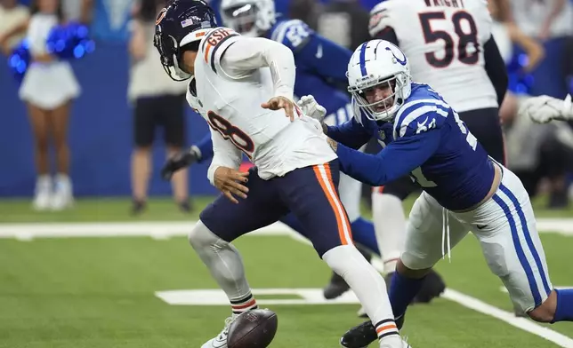 Chicago Bears quarterback Caleb Williams (18) fumbles as he is pressured by Indianapolis Colts defensive end Laiatu Latu (97) during the second half of an NFL football game Sunday, Sept. 22, 2024, in Indianapolis. (AP Photo/Michael Conroy)