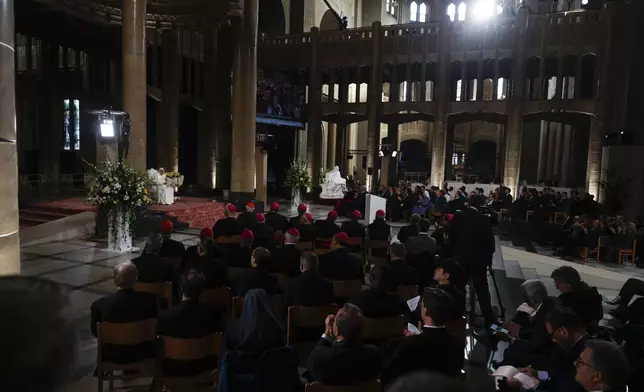 Pope Francis delivers his message during a meeting with bishops, deacons, and religious people in Koekelberg Basilica of the Sacred Heart, in Koekelberg, Belgium, Saturday Sept. 28, 2024. (AP Photo/Omar Havana)