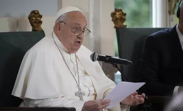 Pope Francis delivers his message during a meeting with the authorities and the civil society in the Grande Galerie of the Castle of Laeken, Brussels, Friday, Sept. 27, 2024. (AP Photo/Andrew Medichini)