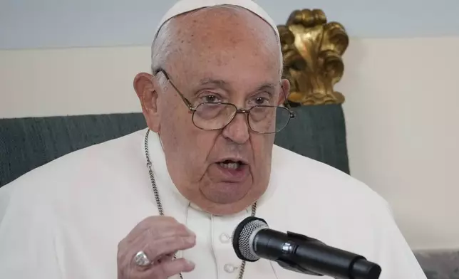 ALTERNATIVE CROP OF GB112 - Pope Francis delivers his message during a meeting with the authorities and the civil society in the Grande Galerie of the Castle of Laeken, Brussels, Friday, Sept. 27, 2024. (AP Photo/Andrew Medichini)