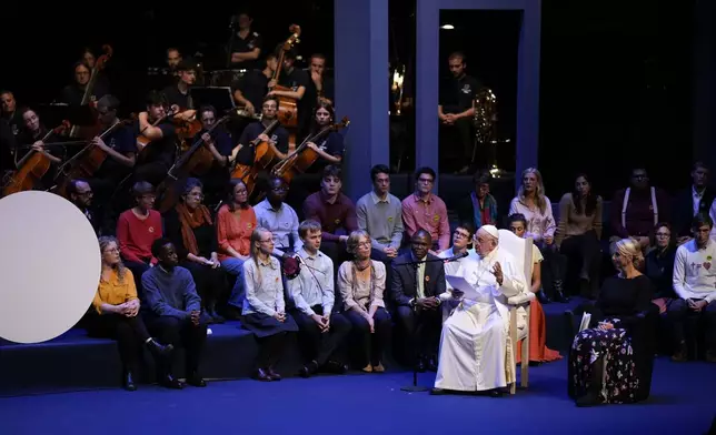 Pope Francis delivers his message as he meets with students of the Louvain Catholic University in Ottignies-Louvain-la-Neuve, Belgium, Saturday, Sept. 28, 2024. (AP Photo/Andrew Medichini)