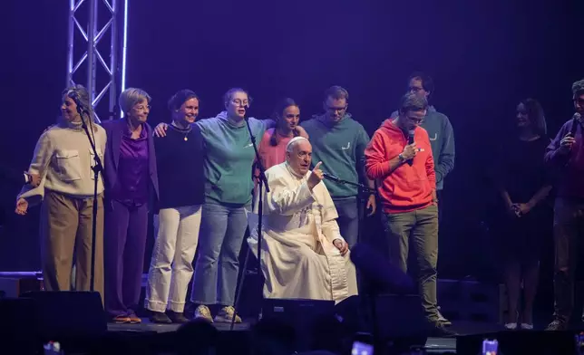 Pope Francis attends the Hope Happening youth festival at the Brussels Expo, Belgium, Saturday, Sept. 28, 2024, on the third day of his four-day visit to Luxembourg and Belgium. (AP Photo/Andrew Medichini)