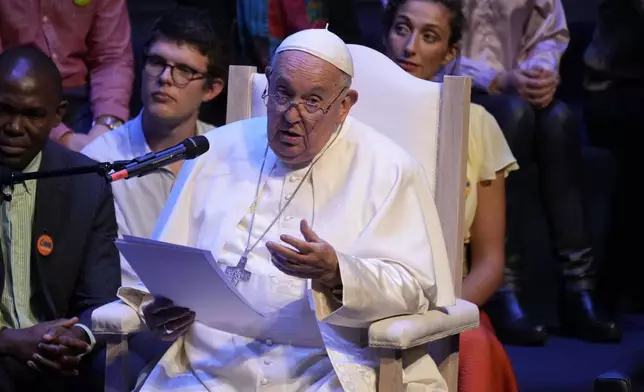 Pope Francis delivers his message as he meets with students of the Louvain Catholic University in Ottignies-Louvain-la-Neuve, Belgium, Saturday, Sept. 28, 2024. (AP Photo/Andrew Medichini)