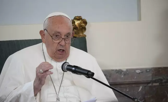 Pope Francis delivers his message during a meeting with the authorities and the civil society in the Grande Galerie of the Castle of Laeken, Brussels, Friday, Sept. 27, 2024. (AP Photo/Andrew Medichini)