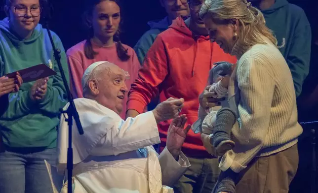 Pope Francis attends the Hope Happening youth festival at the Brussels Expo, Belgium, Saturday, Sept. 28, 2024, on the third day of his four-day visit to Luxembourg and Belgium. (AP Photo/Andrew Medichini)