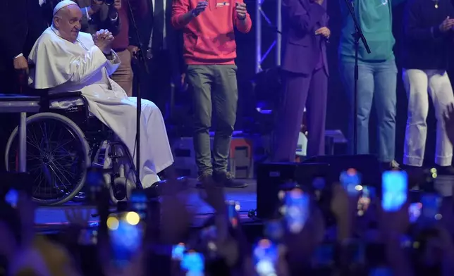 Pope Francis attends the Hope Happening youth festival at the Brussels Expo, Belgium, Saturday, Sept. 28, 2024, on the third day of his four-day visit to Luxembourg and Belgium. (AP Photo/Andrew Medichini)