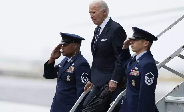 President Joe Biden arrives at John F. Kennedy International Airport in New York, Monday, Sept. 23, 2024, to attend the 79th session of the United Nations General Assembly. (AP Photo/Manuel Balce Ceneta)