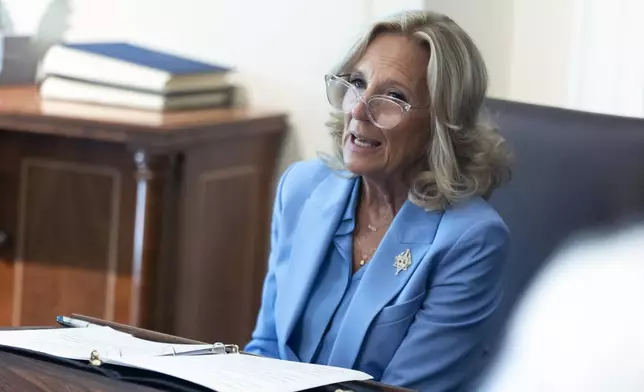 First lady Jill Biden, speaks during a cabinet meeting presided over by President Joe Biden, in the Cabinet Room of the White House, Friday, Sept. 20, 2024. (AP Photo/Manuel Balce Ceneta)