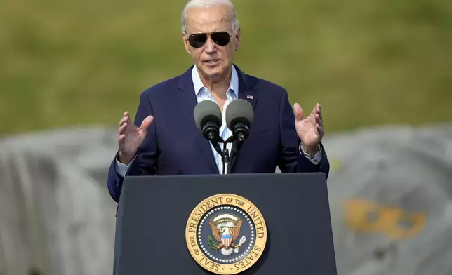 President Joe Biden speaks at the Vernon Electric Cooperative Thursday, Sept. 5, 2024, in Westby, Wis. (AP Photo/Morry Gash)